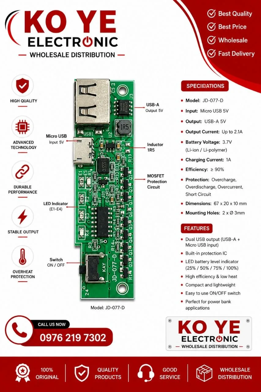 Power Bank Module with 4-LED & Slide Switch (4ကွက် ဆလိုက် Power Card)